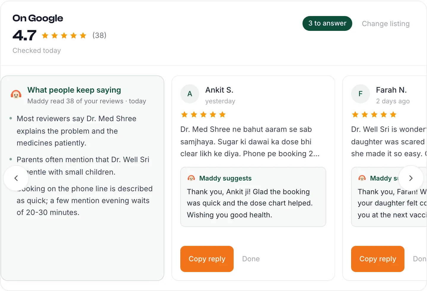 Your rating, what reviewers keep saying, and a reply drafted for each review.